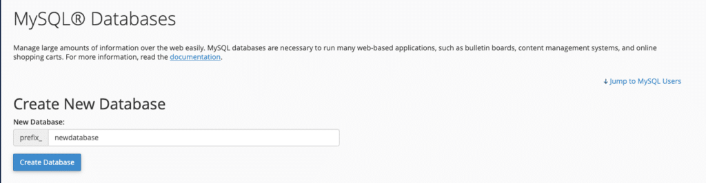 Create New Database from MySQL Databases Section