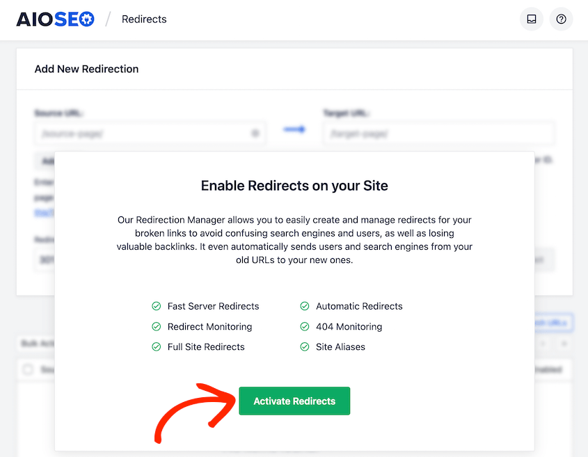 Activate-Redirection-Manager - Duplicator Activate AIOSEO redirection manager